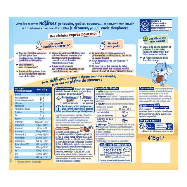 8445290589156 - Naturnes® - P'tite Céréale - Céréales complètes chocolat au lait saveur biscuit Bébé dès 12 mois