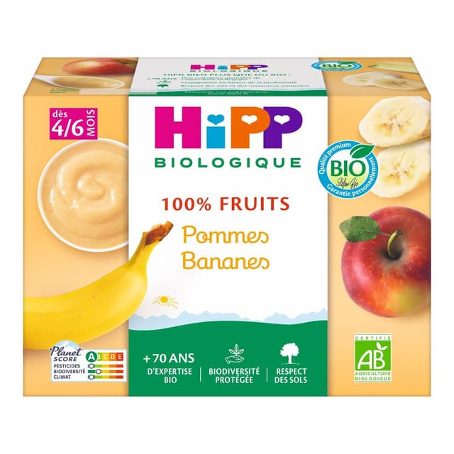 4062300028357 - Hipp - 100% Fruits - Pommes Bananes Bio Coupelle Bébé Dès 4/6 mois