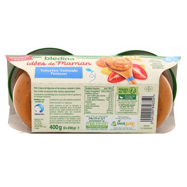3041090846359 - Blédina - Mes Moulinés - Tomate Semoule Poisson Bol Bébé Dès 6 mois