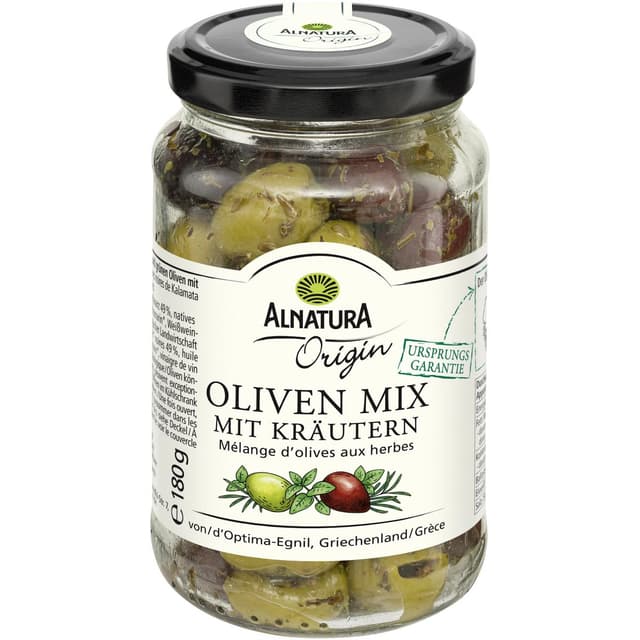 0000042400660 - Alnatura - Mélange d'Olives vertes et noires de Kalamata aux Herbes Bio sans saumure en bocal