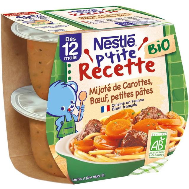 8445290393760 - Nestlé - P'tite Recette - Mijoté de Carottes, Boeuf et Petites Pâtes Bio Bol Bébé Dès 12 mois