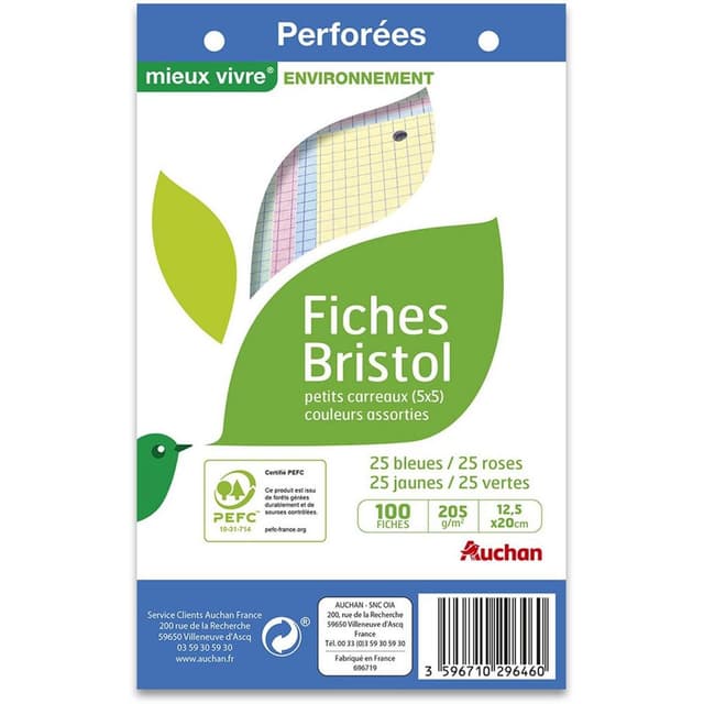 3596710296460 - Auchan - Fiches bristol perforées couleurs assorties 12,5x20cm petits carreaux