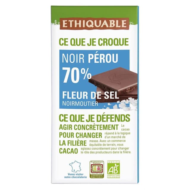 3760278863062 - Ethiquable - Commerce Equitable - Chocolat Noir Fleur de sel de Noirmoutier 70% Cacao Bio du Pérou