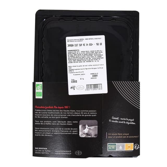3507172001363 - Rostain - Jambon cuit bio avec couenne 160g, sans nitrite ajouté