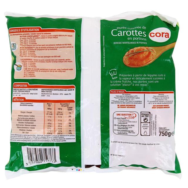 3257980756763 - Cora - Purée cuisinée de carottes à la crème fraîche en portions