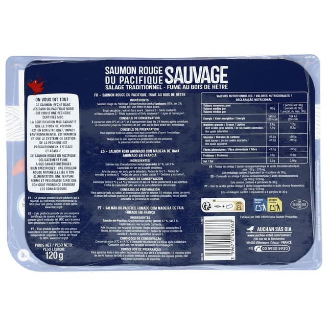 3596710476763 - Auchan - Saumon sauvage du Pacifique fumé au bois de hêtre