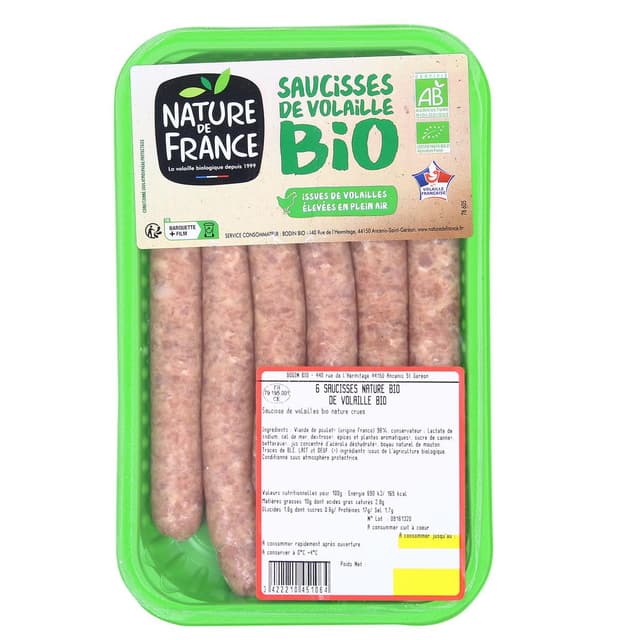 3422210451064 - Nature De France - Saucisses de Volaille BIO 10%MG