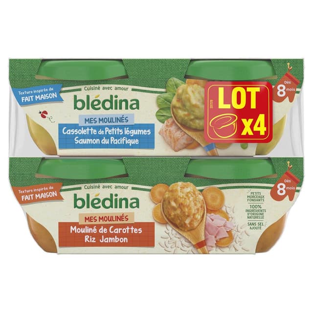 3041091855664 - Blédina - Mes Moulinés - Cassolettes Petits Légumes et Saumon du Pacifique et Mouliné de Carottes RIz et Jambon Bol Bébé Dès 8 mois