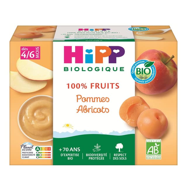 4062300069664 - Hipp - 100% Fruits - Pommes Abricots Bio Coupelle Bébé Dès 4/6 mois