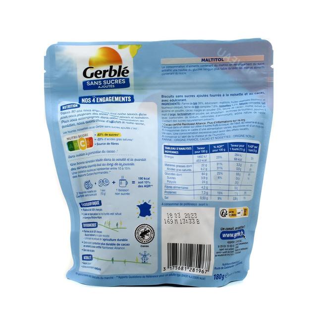 3175681281967 - Gerblé Sans Sucres Ajoutés - Biscuits Fourrés Noisette Cacao -82% de sucres en moins