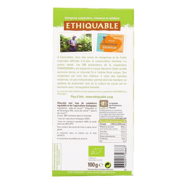3760091726667 - Ethiquable - Commerce Equitable - Chocolat Noir 80% cacao Bio d'Equateur