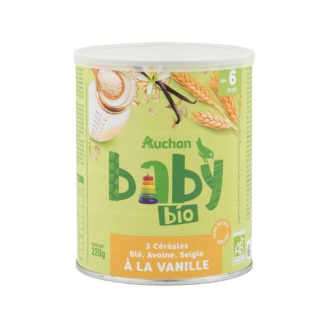 3596710532469 - Auchan Baby Bio - 3 céréales en poudre blé avoine seigle à la vanille Bio Bébé dès 6 mois