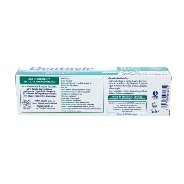 3517360018271 - Dentavie - Dentifrice protection blancheur, bicarbonate et cristaux de menthol bio