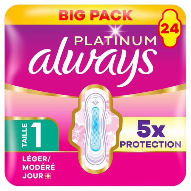 8006530089371 - Always - Serviettes Hygiéniques avec Ailettes Léger / Modéré Jour Taille 1 Platinum