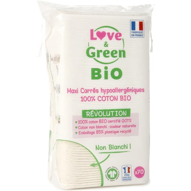 3700668701673 - Love & Green - Maxi-Carrés 100% Coton BIO - Non Blanchis