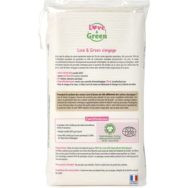 3700668701673 - Love & Green - Maxi-Carrés 100% Coton BIO - Non Blanchis