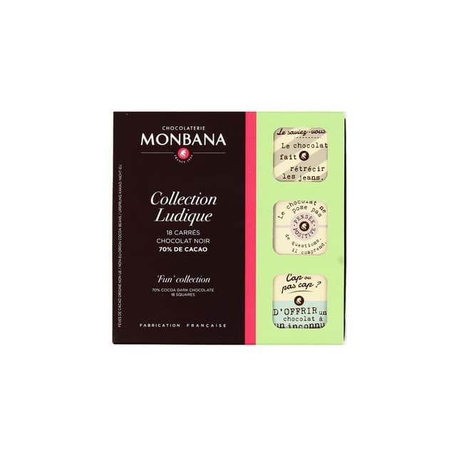 3474341106573 - Chocolaterie Monbana - Coffret 18 Carrés de chocolat noir, Collection Ludique