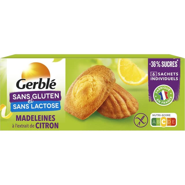 3551100781674 - Gerblé Sans Gluten Sans Lactose - 6 Madeleines Citron sans gluten et sans lactose -37% de sucres en moins
