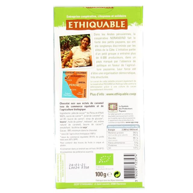 3760091723574 - Ethiquable - Commerce Equitable - Chocolat Noir Caramel pointe de sel 65% Cacao Bio du Pérou ou Equteur