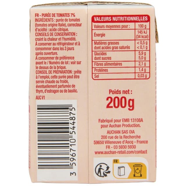 3596710544875 - Auchan - Purée de tomates