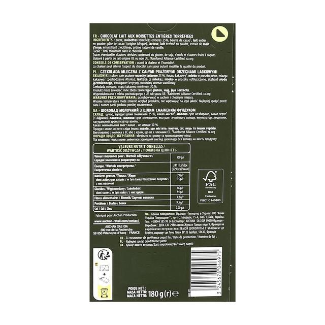 3245678046975 - Auchan - Tablette de chocolat au lait aux noisettes entières