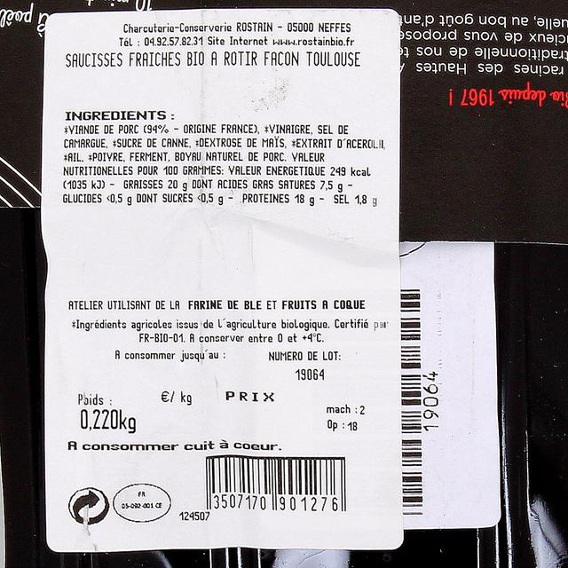 3507170901276 - Rostain - Saucisses de Toulouse Bio Sans Nitrite Ajouté