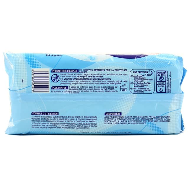 3257985331576 - Cora - Lingettes papier toilette pour adulte à l'extrait d'aloé vera et de camomille