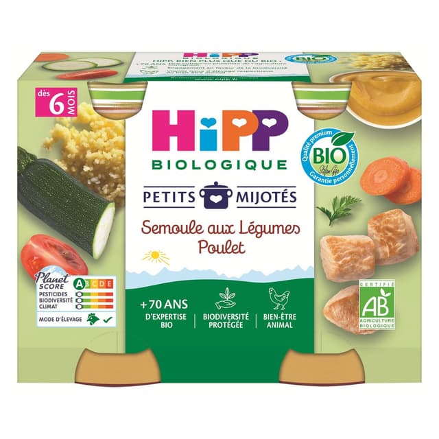 4062300445376 - Hipp - Petits Mijotés - Semoule aux Légumes Poulet Bio Pot Bébé Dès 6 Mois