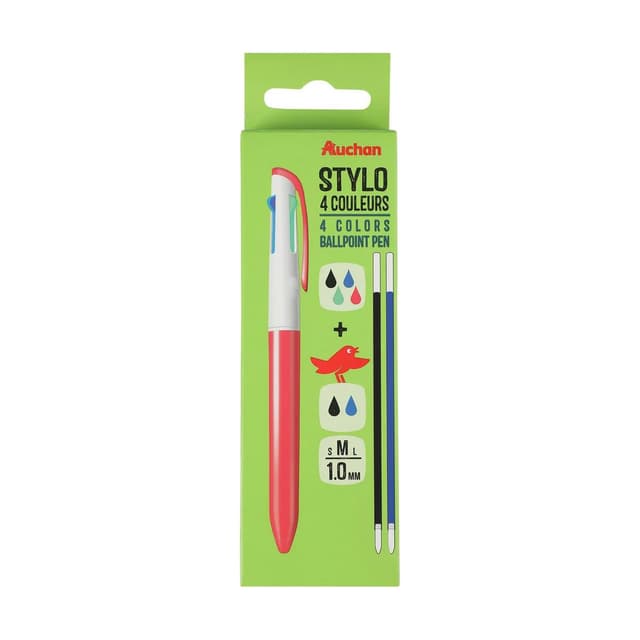 3665257235277 - Auchan - Stylo bille 4 couleurs pointe moyenne avec recharge bleue et noire