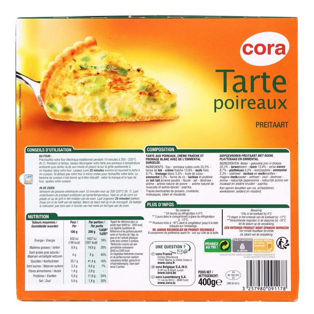 3257980091178 - Cora - Tarte aux poireaux, à la crème fraîche et fromage blanc avec de l'Emmental