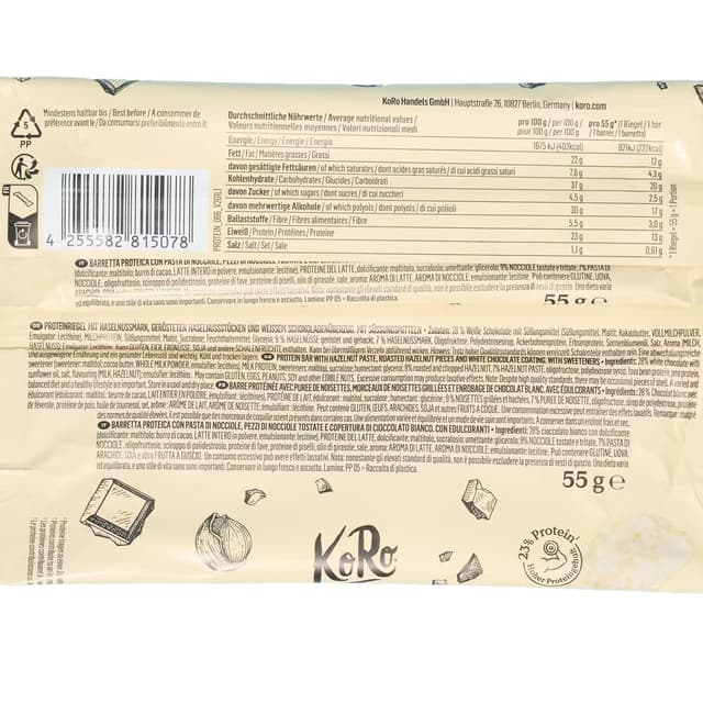 4255582815078 - Koro - Barre protéinée Deluxe noisettes - chocolat blanc