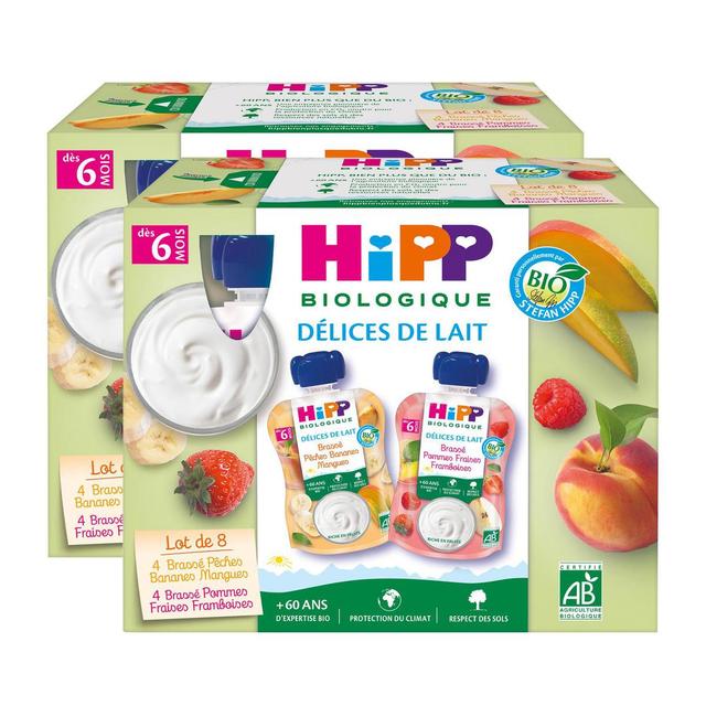 2050000394379 - Hipp - Délices de Lait - 2 Variétés Brassés- Pêche Banane Mangue et Pomme Fraise Framboise Bio Gourde Bébé Dès 6 mois
