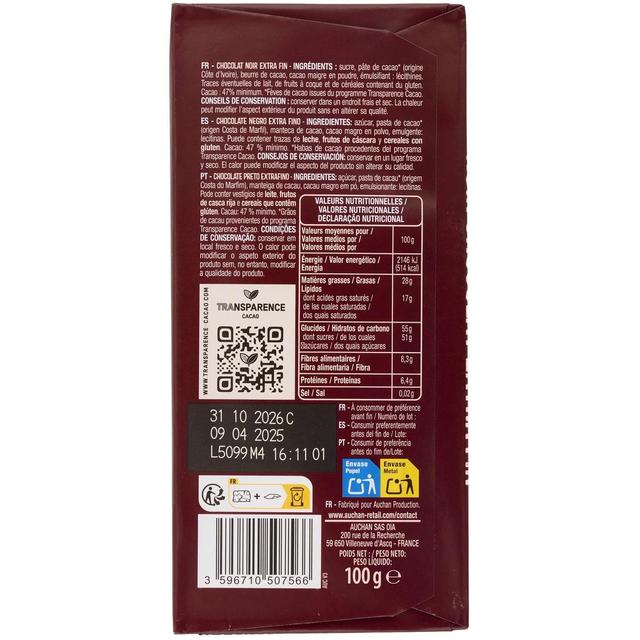 3596710507580 - Auchan - Tablette de chocolat noir 50%