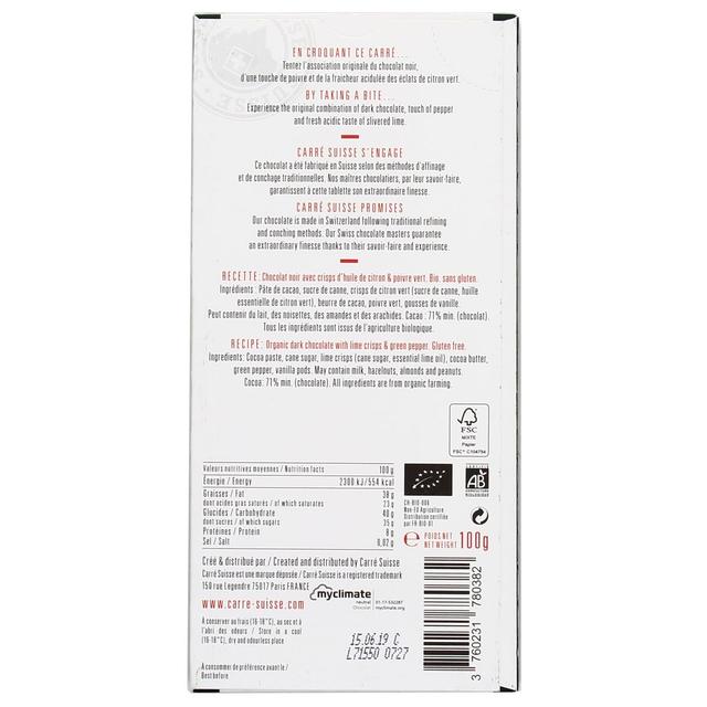 3760231780382 - Carré Suisse - Chocolat Noir 71% éclats citronnés et poivre vert bio