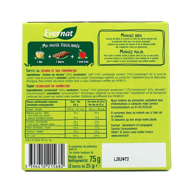 3396410215682 - Evernat - Barres sésame cranberries bio