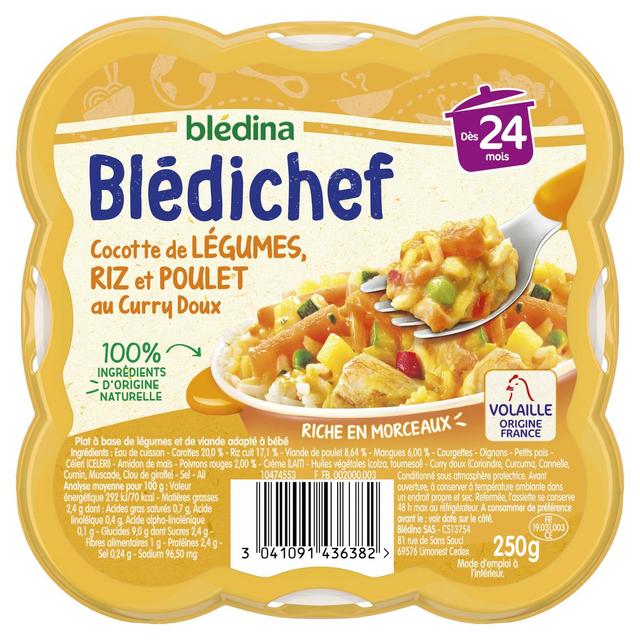 3041091436382 - Blédina - Blédi'chef - Cocotte de Légumes Riz et Poulet au Curry Doux Assiette Bébé Dès 24 mois