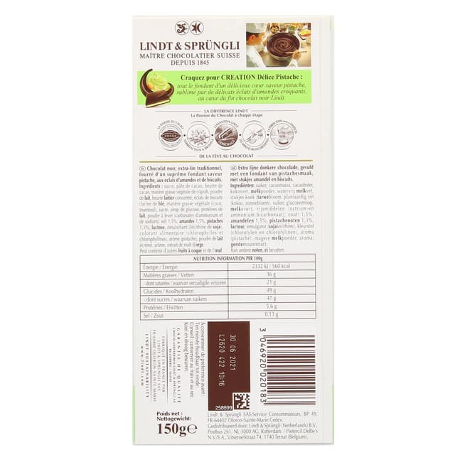 3046920020183 - Lindt - Chocolat création noir pistache amandes