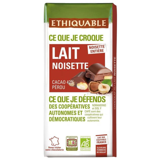 3760278865684 - Ethiquable - Commerce Equitable - Chocolat Lait Noisettes 42% Cacao Bio du Pérou