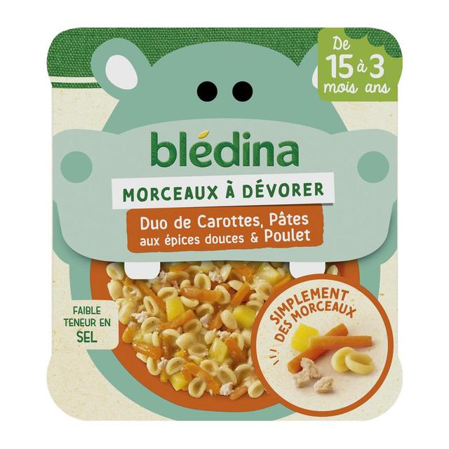 3041091829085 - Blédina - Morceaux à dévorer - Duo de Carottes, Pâtes aux épices douces, poulet Assiette Bébé Dès 15 mois