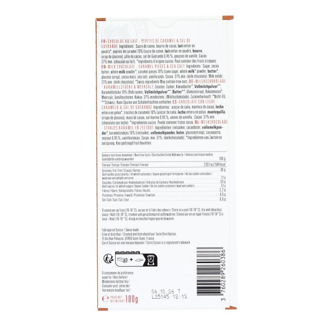3760289260386 - Carré Suisse - Tabelette Chocolat au Lait Pépites de Caramel et Sel de Guérande