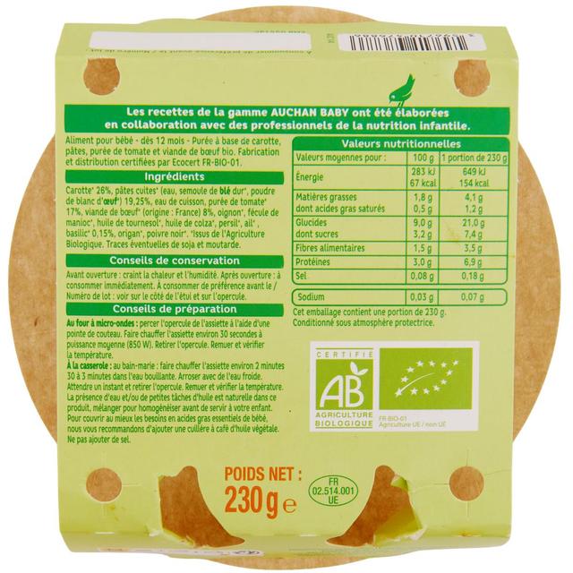 3596710476886 - Auchan Baby Bio - Spaghetti bolognaise Bio Assiette bébé dès 12 mois