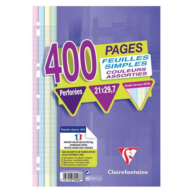 3037926744487 - Clairefontaine - Feuilles mobiles A4 21x29,7 cm couleurs grands carreaux