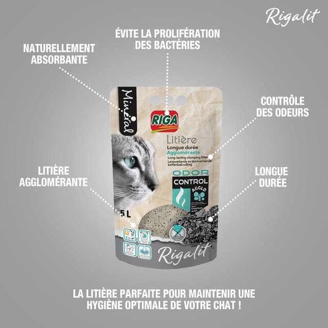 3166780060188 - Riga Rigalit - Litière Minérale Agglomérante bentonite Odor Control pour chat 4,2kg