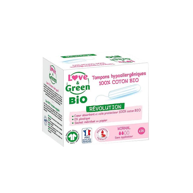 3700668701789 - Love & Green - Tampon 100% coton BIO sans applicateur - Normal