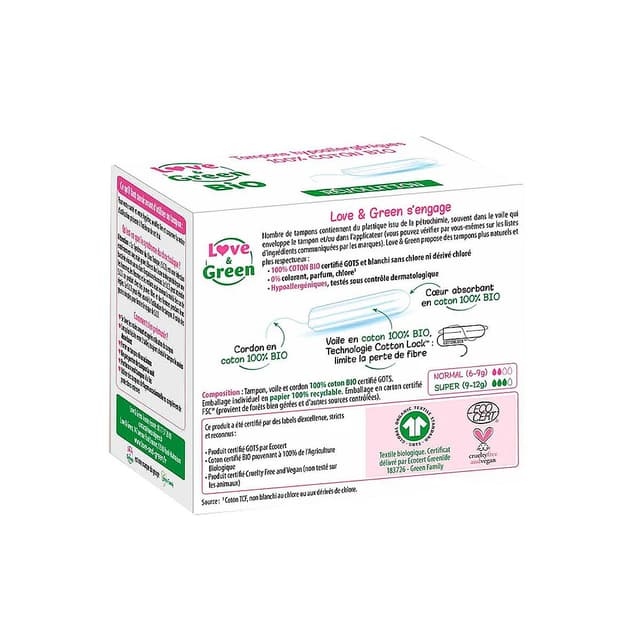 3700668701789 - Love & Green - Tampon 100% coton BIO sans applicateur - Normal