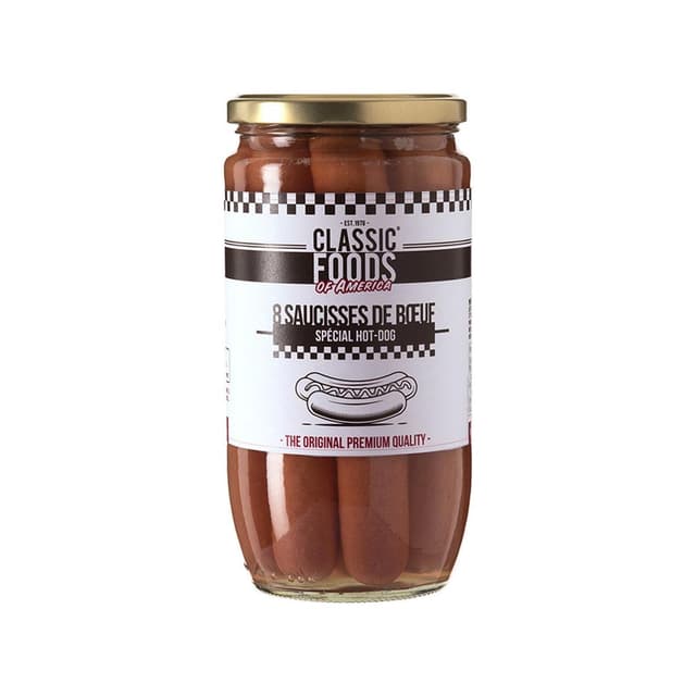 3351700075490 - Classic Foods of America - 8 Saucisses de boeuf spécial hot dog en bocal