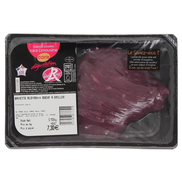 3257987673391 - Cora Dégustation - Bavette d'Aloyau Label Rouge, 150g
