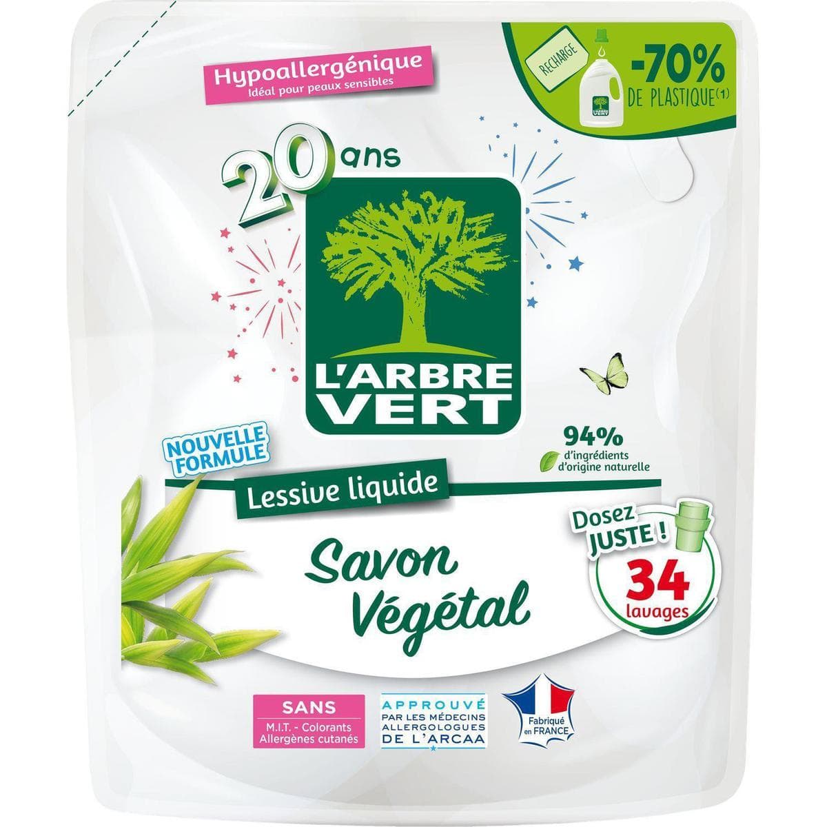 Achat L'arbre Vert Lessive hypoallergénique au savon végétal recharge