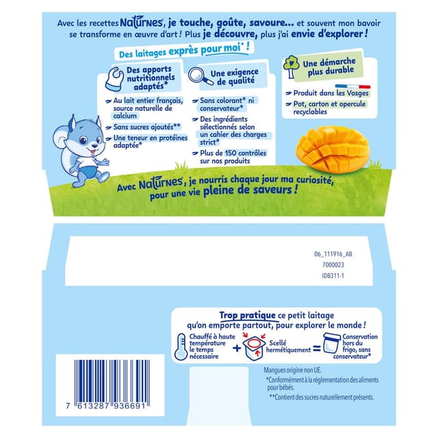 7613287936691 - Naturnes® - P'tit Brassé - Dessert Lacté Mangue Coupelle Bébé Dès 6 Mois
