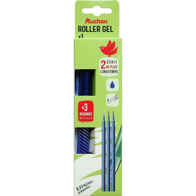 3665257231392 - Auchan - Stylo roller gel effaçable bleu + 3 recharges